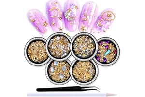 SILPECWEE 6 Boxes 3d Nail Rhinestones And Studs Gold Nail Rivets Set Nail Crystals Clear Nail Jewelry Decorations Manicure Kit With 1Pc Tweezers And Picker Pencil