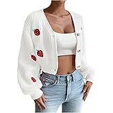 WDIRARA Women's Strawberry Embroidery Crop Cardigan Drop Shoulder Button Up Sweater Tops V Neck Outerwear