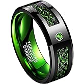 TUNGSTORY 8mm Black Celtic Dragon Tungsten Carbide Wedding Ring with Green Carbon Fiber and CZ Inlay Polished Finish Beveled Edge Size 6-16