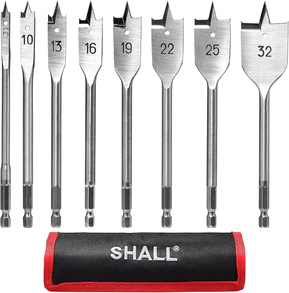 Shall 8-Piece Wood Spade Drill Bit Set 1/4 Inch Hex Shank Ø6-32 mm Pouch