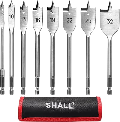 Shall 8-Piece Wood Spade Drill Bit Set 1/4 Inch Hex Shank Ø6-32 mm Pouch