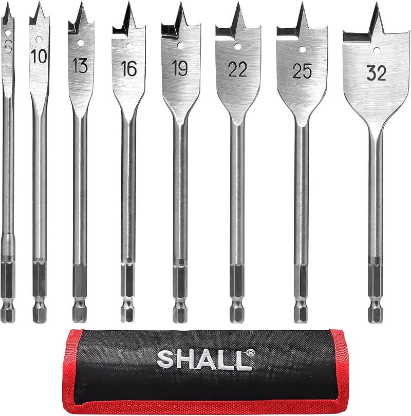Shall 8-Piece Wood Spade Drill Bit Set 1/4 Inch Hex Shank Ø6-32 mm Pouch