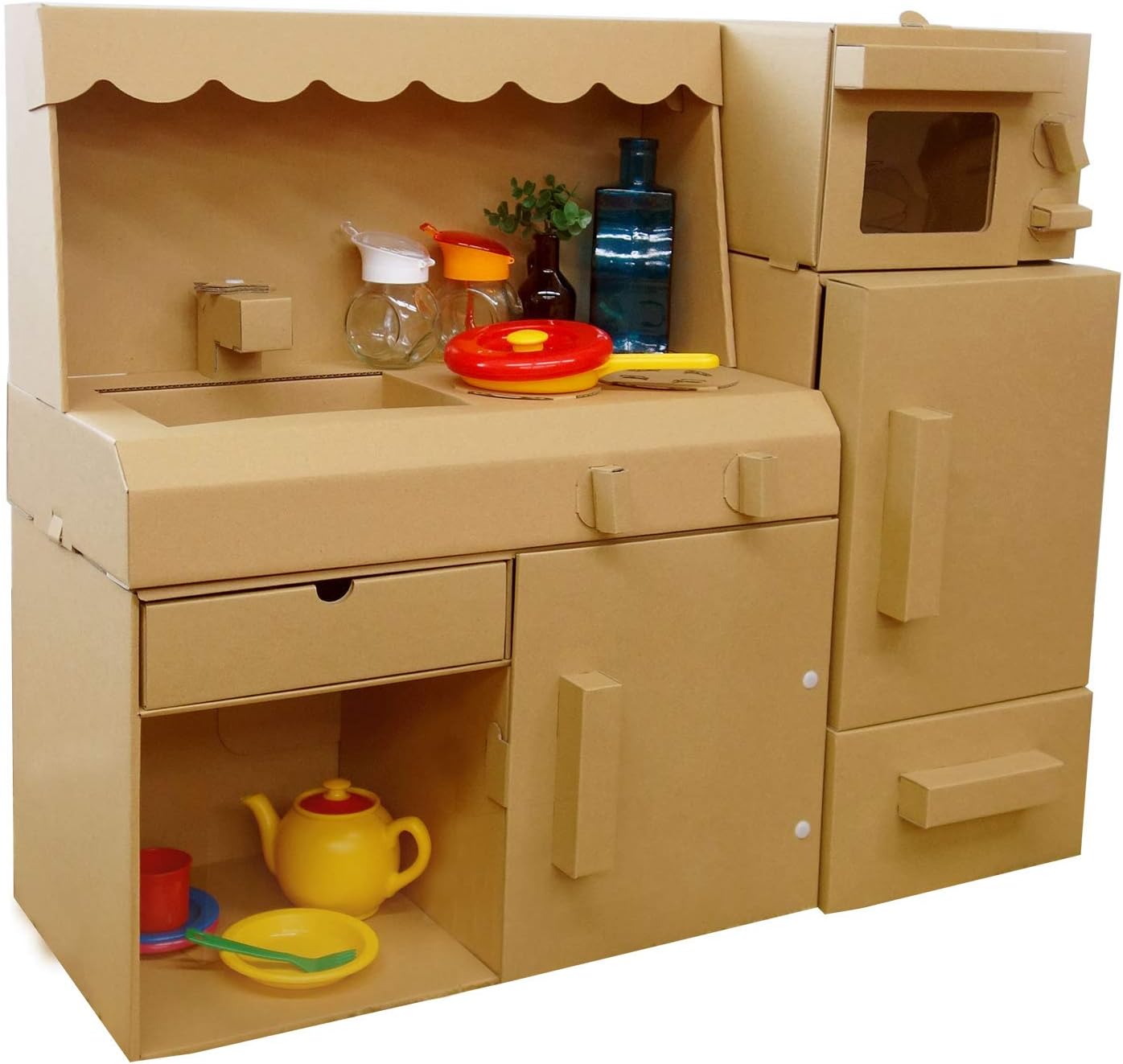 Amazon おままごと3点セット茶 キッチン 冷蔵庫 レンジ ダンボール製 日本製 調味料セットおまけ付 世界に一つだけのキッチンにするためのデコレーション解説図付き キッチン 食べ物 おもちゃ