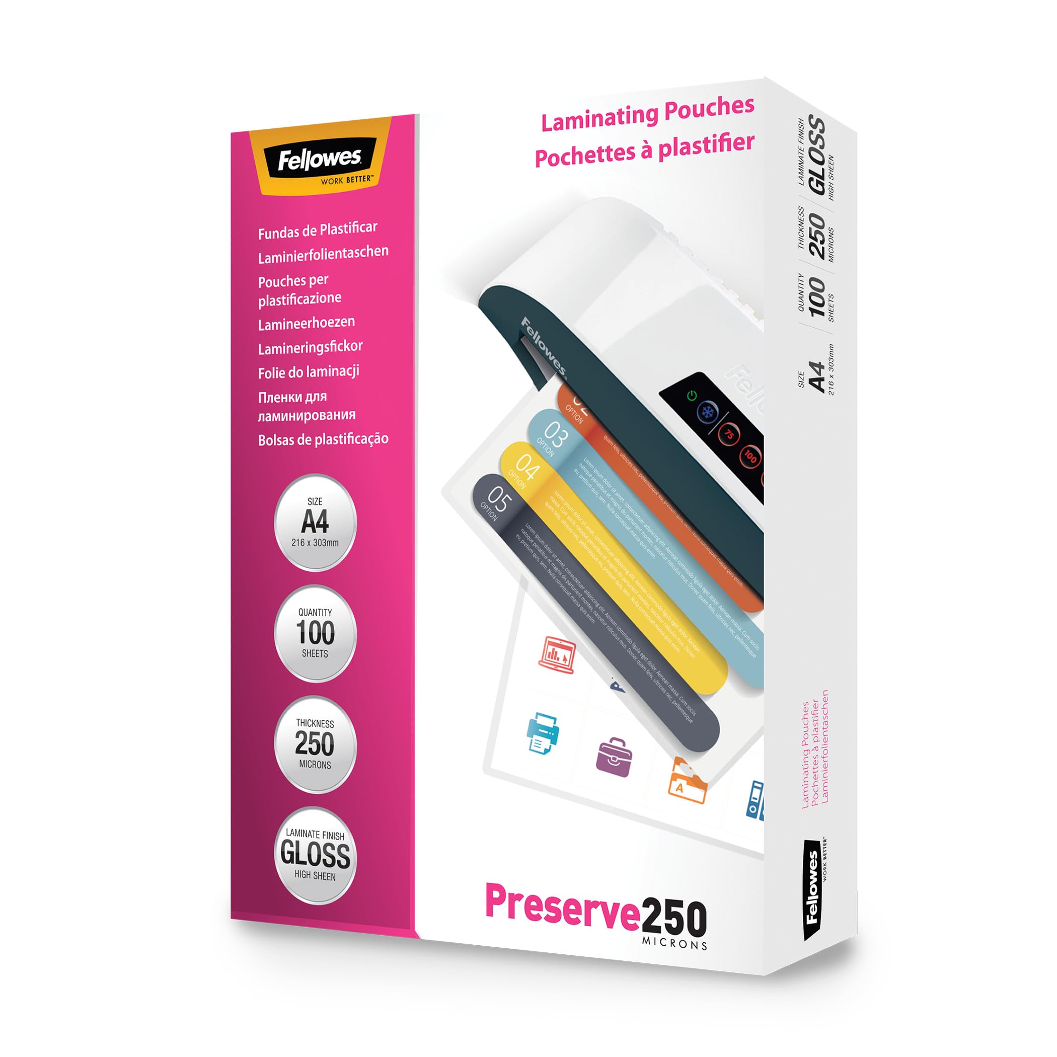 Fellowes A4 Laminating Pouches - Gloss Finish - 100 Sheets - 500 Micron (2x250) Clear & Durable Laminating Pouch - Ideal for Notices, Photos, Certificates, Menus and External Signage