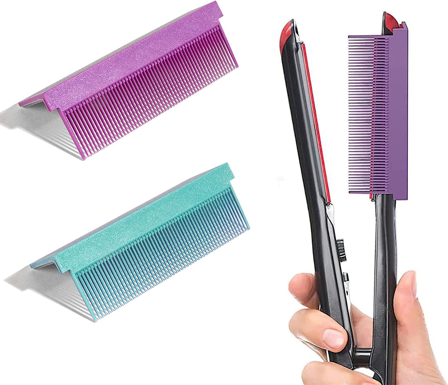 2 Pack Barber Straightening Comb Attachment Hair Straightener Comb Women DIY Combs Accessories Fit Hair Straightening Flat Iron for Low and High Temperature (Purple+Green)