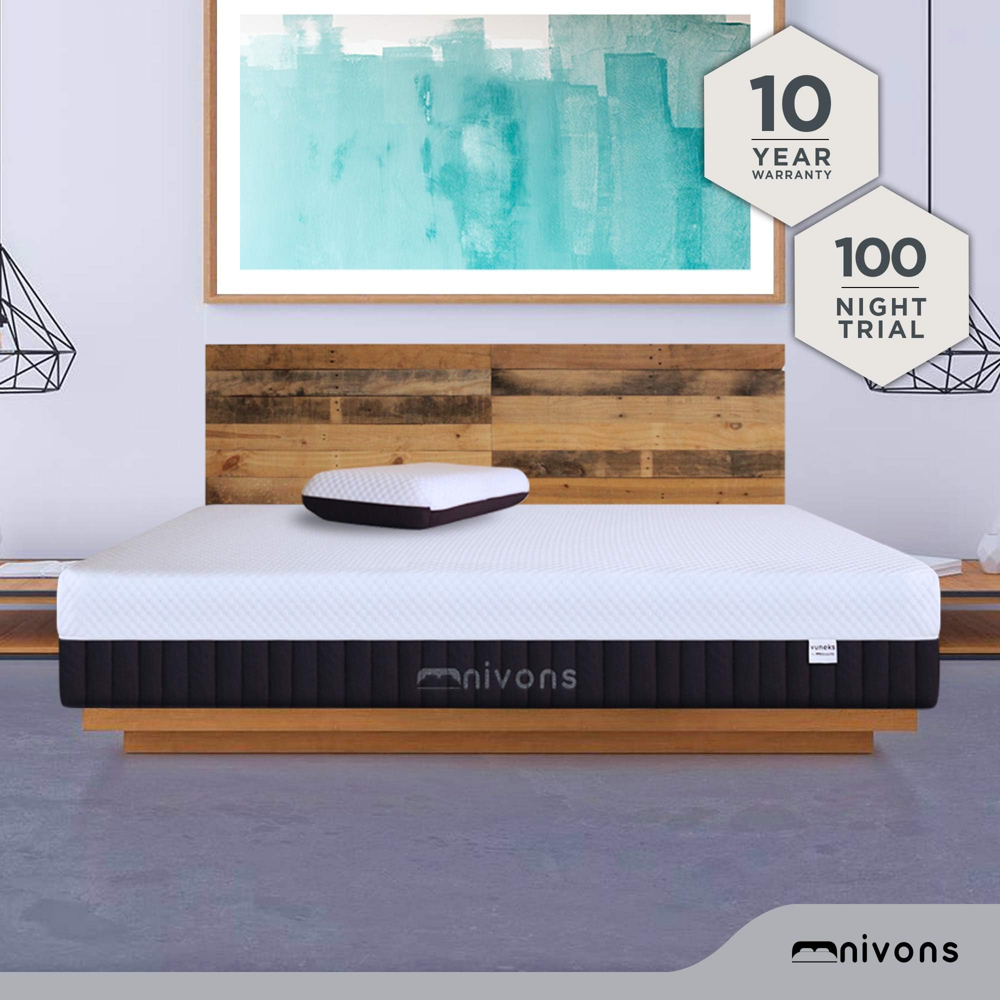 Nivons Vuneks 12" California King + 2 Free Pillows, Gel-Infused Memory Foam Mattress in a Box, Integrated Tencel Powder Into Cellpur Foam, Oeko-Tex 100 Certified, 100 Night Trial, 10-Year Warranty