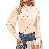Qirno Womens Mock Neck Puff Long Sleeve Tops Casual Loose Solid Basic T Shirt Button Cuffs Pullovers Shirts Blouse