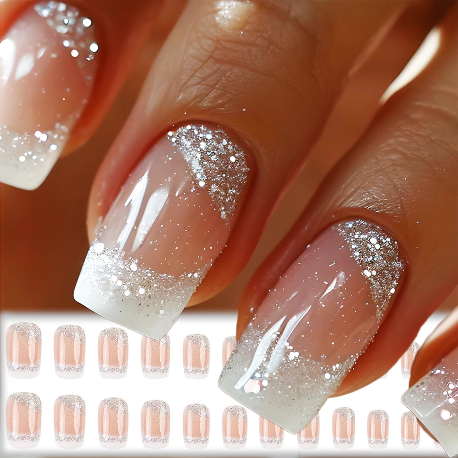 White French Tips Press on Nails 24Pcs Glossy Silver Glitter Acrylic Fake Nails Sparkly False Nail Milky Way Gel Glue on Nail Stars Stick on Medium Square Fingernails for Coquette Women Girls - Image 5