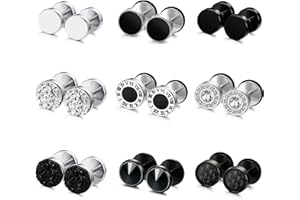 FIBO STEEL 9 Pairs Fake Gauge Earrings for Men Women Stainless Steel Stud Earrings Round Cheater Plug Earrings Faux Gauges Ear Tunnel Mens Earrings