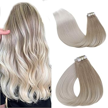 Amazon Com Laavoo Blonde Ombre Hair Extensions Tape In Seamless Human Hair 20inch Color Ash Blonde Fading To Platinum Blonde 50g 20pcs Straight Two Tone Tape In Full Head Hair Extensions