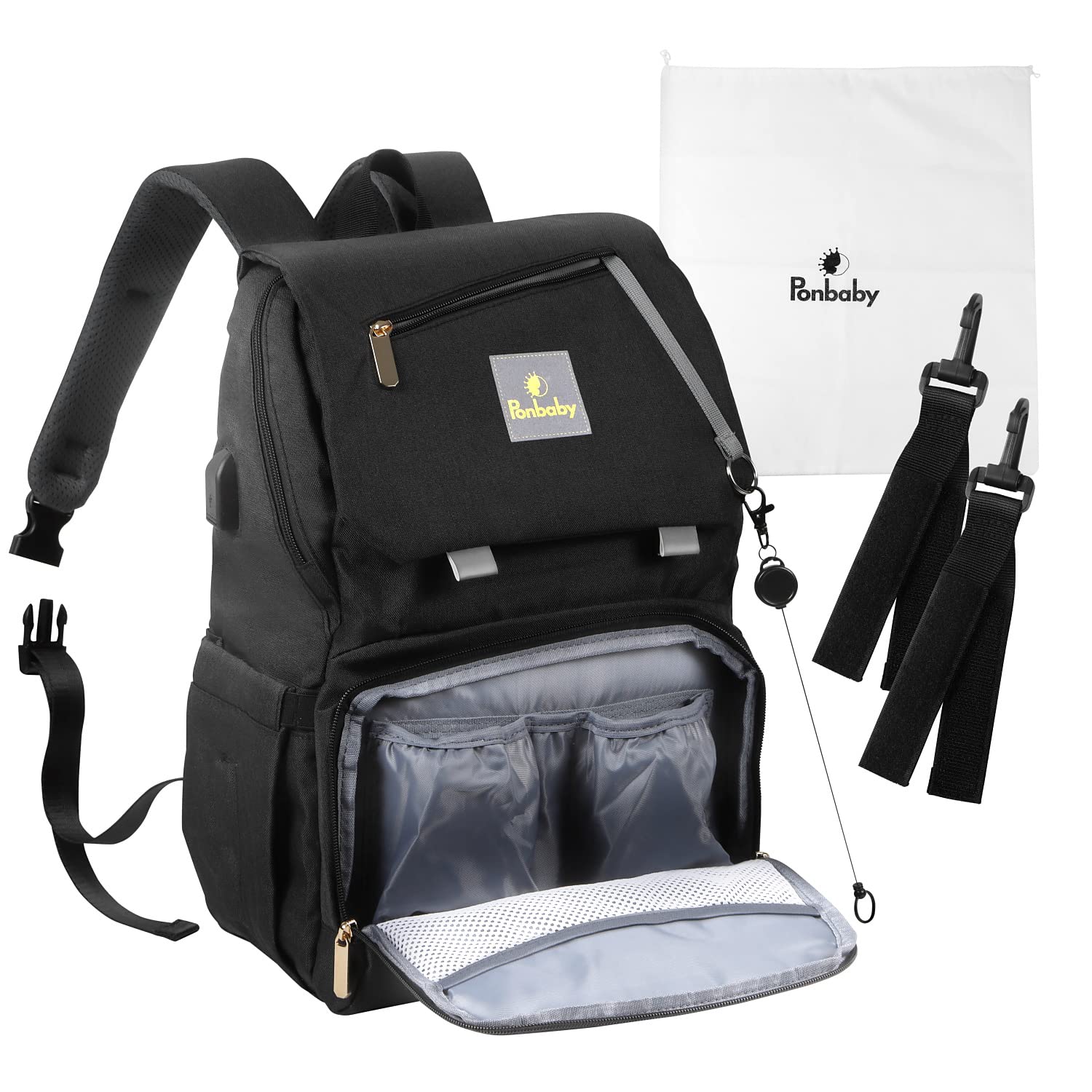 [Ponbaby] マザーズリュック (大容量 / 16のポケット) マザーズバッグ リュック 軽量 多機能 USBポート付き (オールブラック) 出産祝い プレゼント商品画像