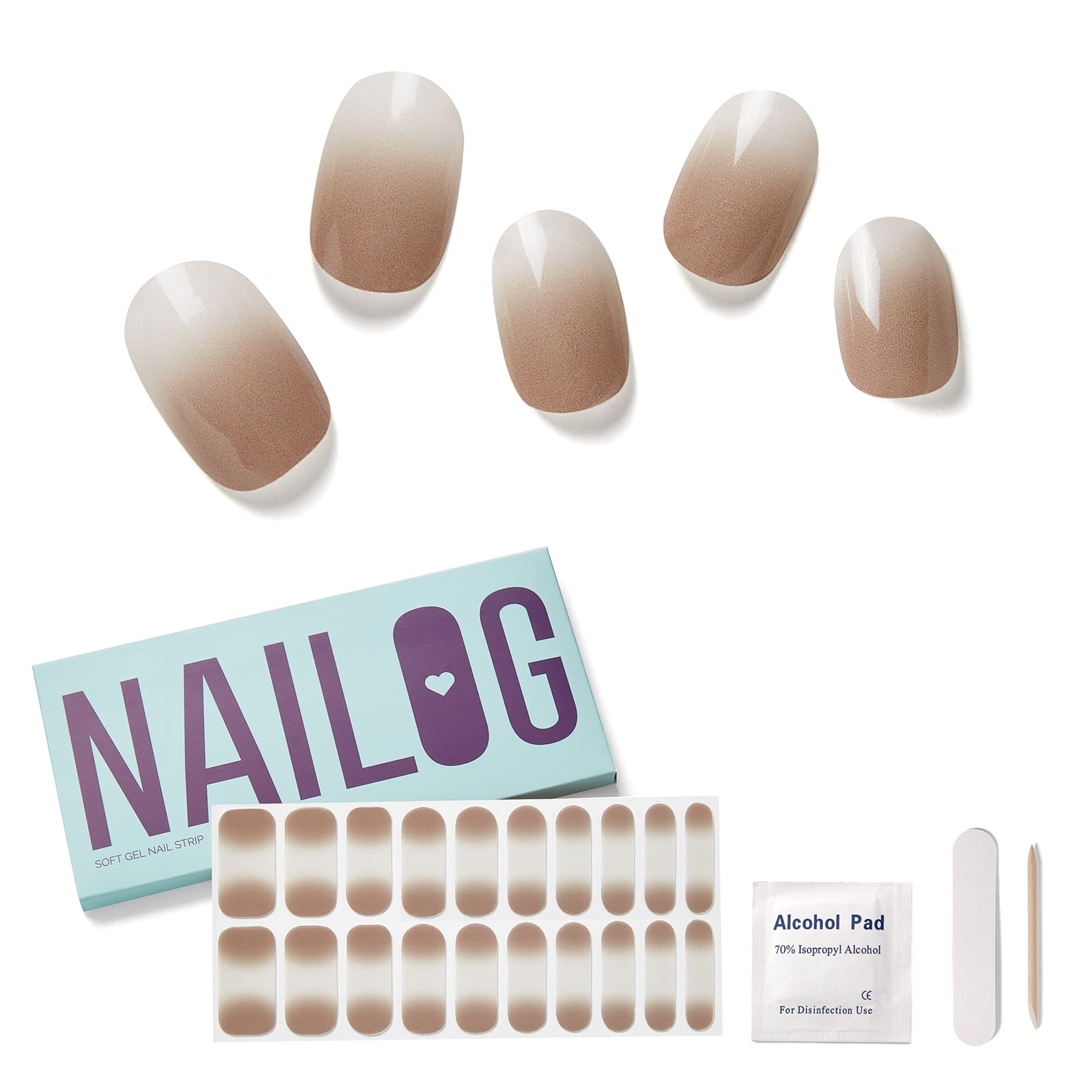 NAILOG Semi Cured Gel Nail Strips, Extra Long Nail Polish Strips (20 Pieces), Long Lasting Semi Cured Nail Stickers with Soft Glossy Gel Finish, Café Latte