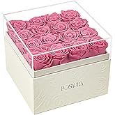 Rosaura Square Preserved Roses Gift Box - Real Forever Flowers in Clear Acrylic Lid, Valentine's for Women (Pink, 16 Roses)