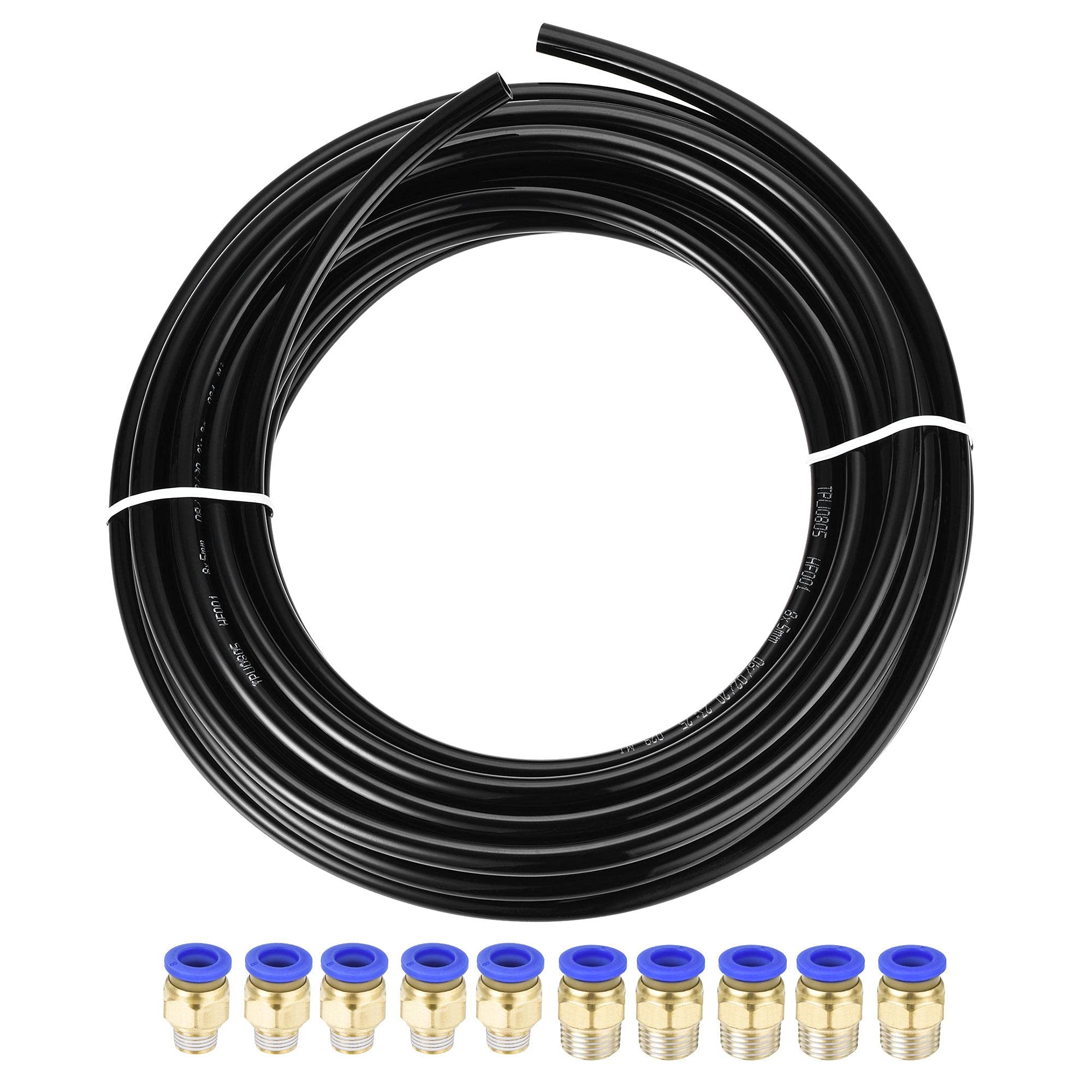 sourcing map Pneumatic 8mm OD Polyurethane PU Air Hose Tubing Kit 10 Meters Black with 10 Pcs Push to Connect Fittings — image 1