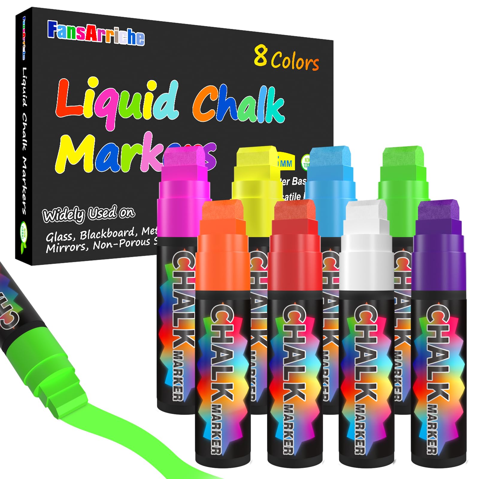 FansArriche Liquid Chalk Markers - 8 Pack of Neon Jumbo Chalk Pens - Window Marker Bright Car Pen, Chalkboard Markers for Whiteboard, Glass, Signs,Mirror, 3-in-1 Nib