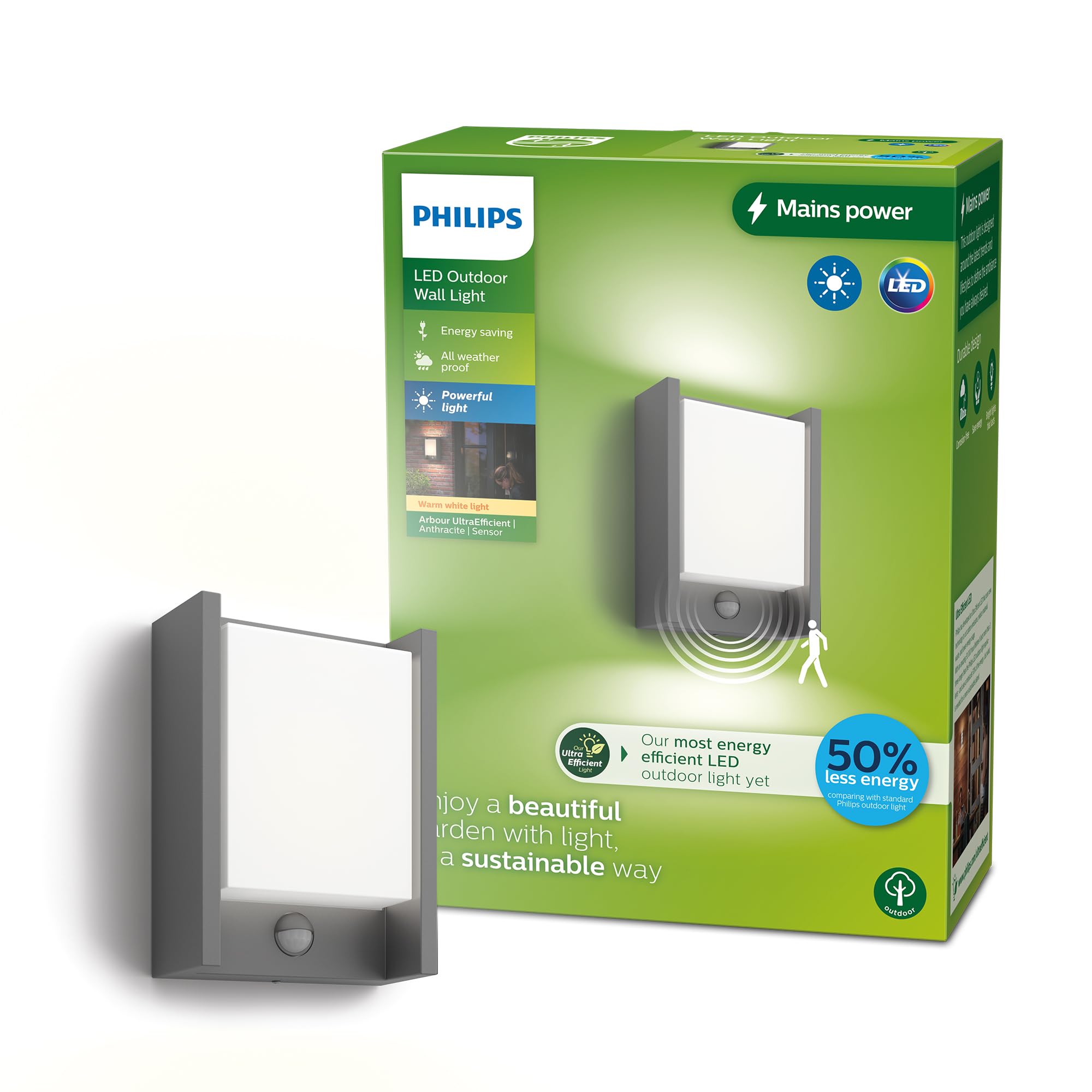 Philips Lighting Arbour UltraEfficient Outdoor Wall Light, 3.8W, 2700K, Antracite, Motion Sensor, IP44 Weatherproof