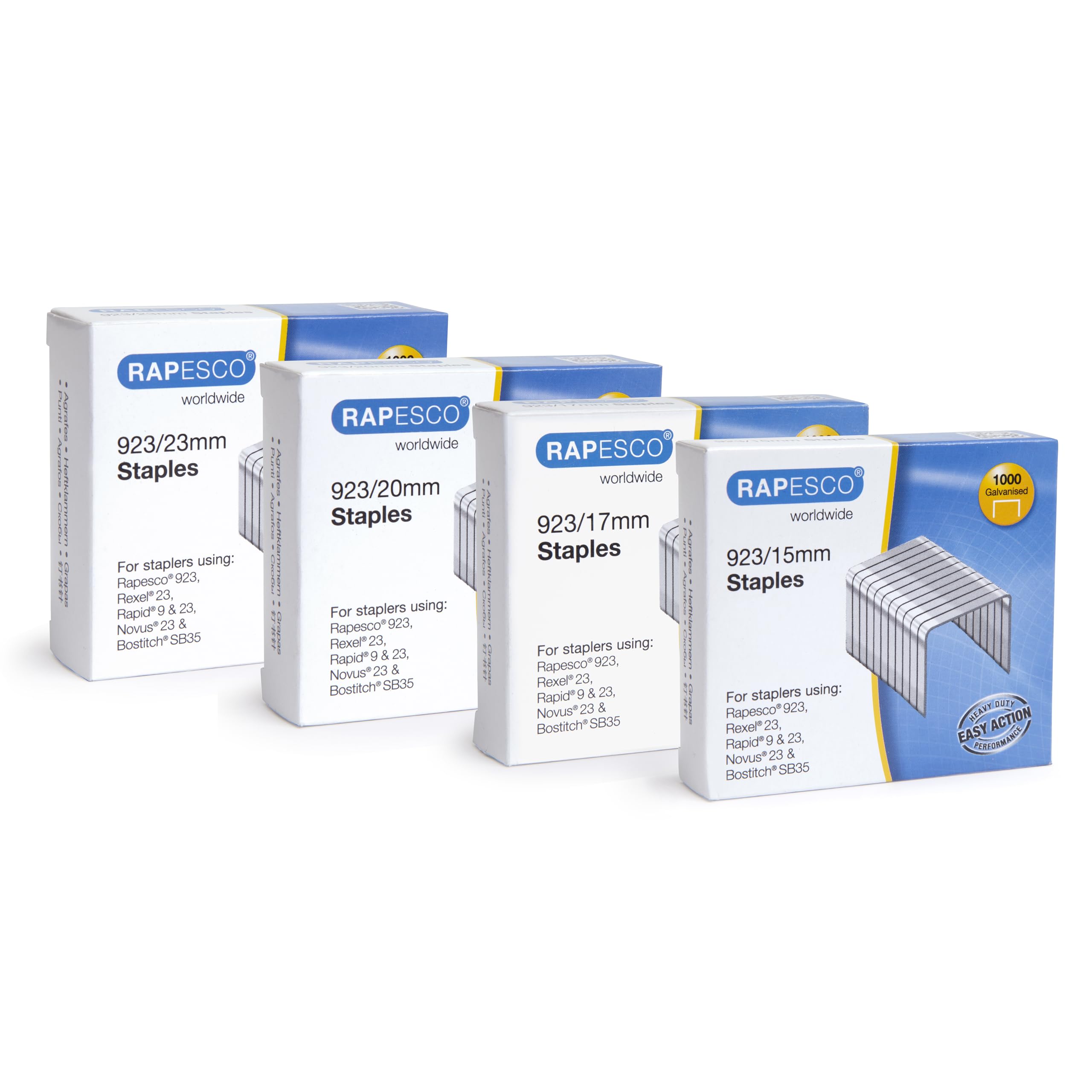 Rapesco 1318 Multipack Type 923 Galvanised Heavy Duty Staples, 15, 17, 20 and 23 mm, Pack of 4000