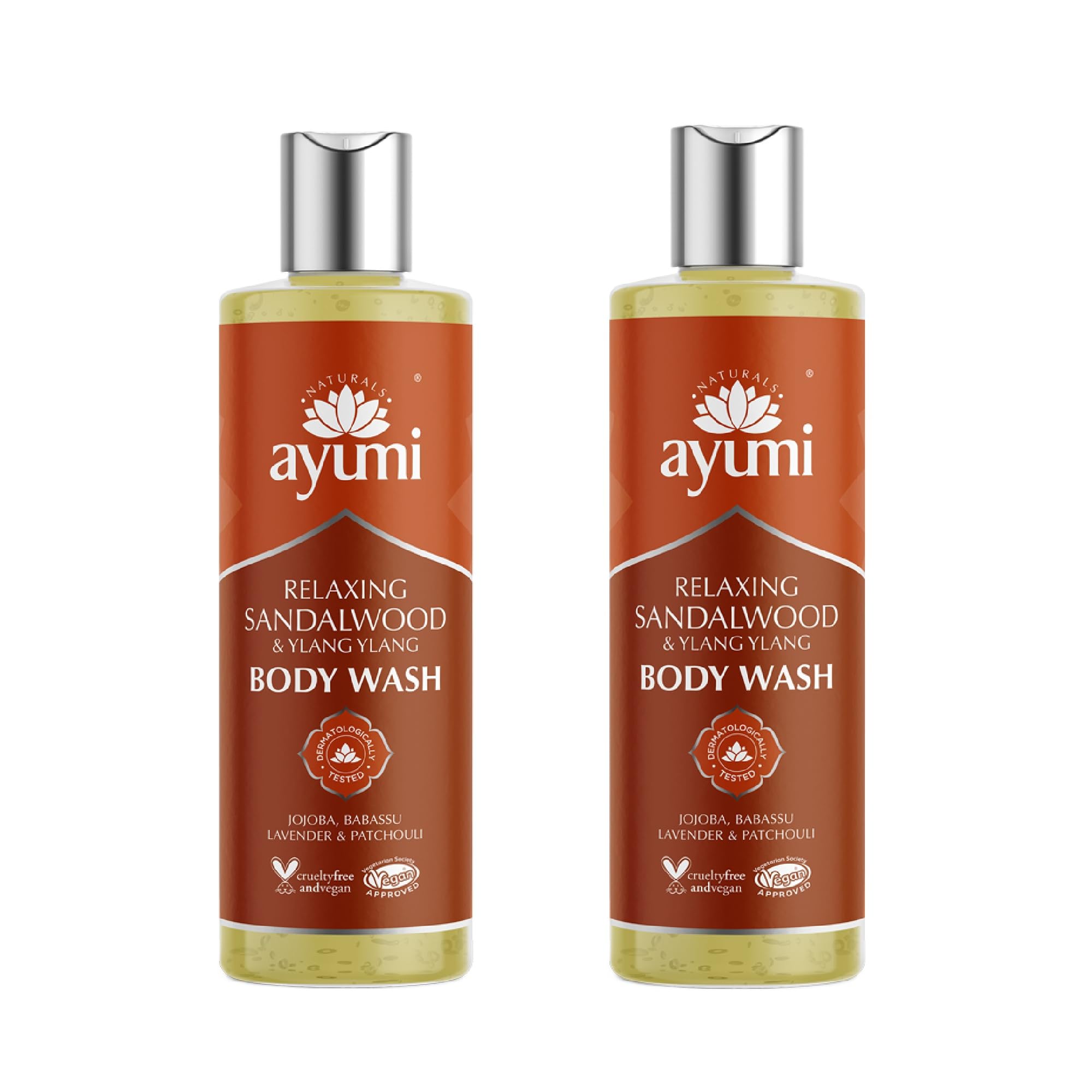 Ayumi Sandalwood Shower Gel | Dry Skin Body Wash with Jojoba | Sensitive Body Wash to Soothe Irritation | Hydrating Cleanser with Patchouli | Natural Shower Gel Men & Women | 2 x 250 ml