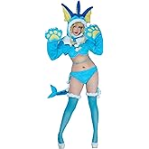 Mobbunny Women's Anime Cosplay Lingerie Set Blue Furry Paw Homewear Plush Paw Gloves Hoodie and Bra Panty with Stockings