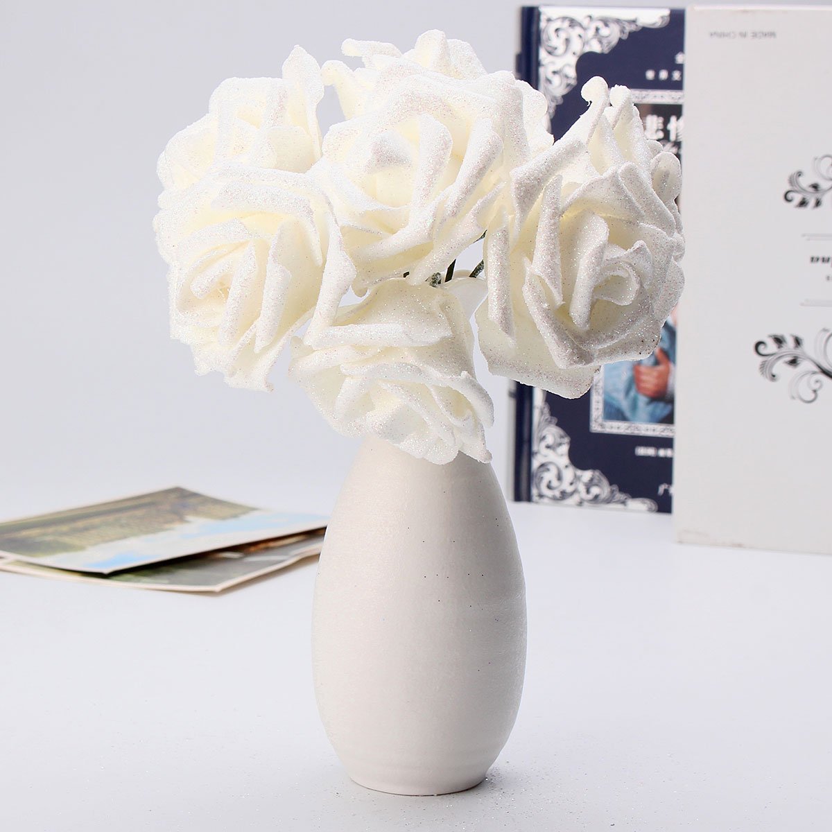 Tutoy 7Pcs Artificial Bouquet Glitter Foam Artificial Flowers Wedding Bridal Party Decor DIY Rose - White