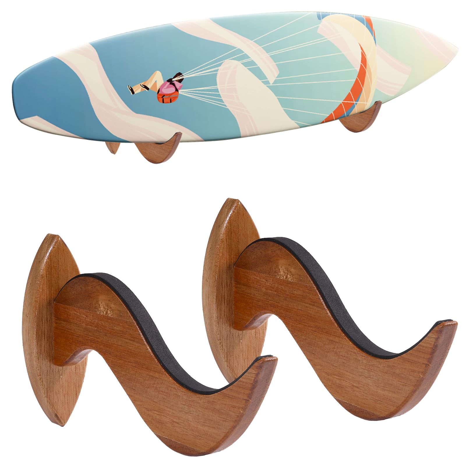 GLOBLELAND 2 Sets Surfboard Wall Rack Display Surfboard Wall Mount Wood Surf Board Wall Hangers for Surfboard Snowboard Kiteboard Storage Home Decor