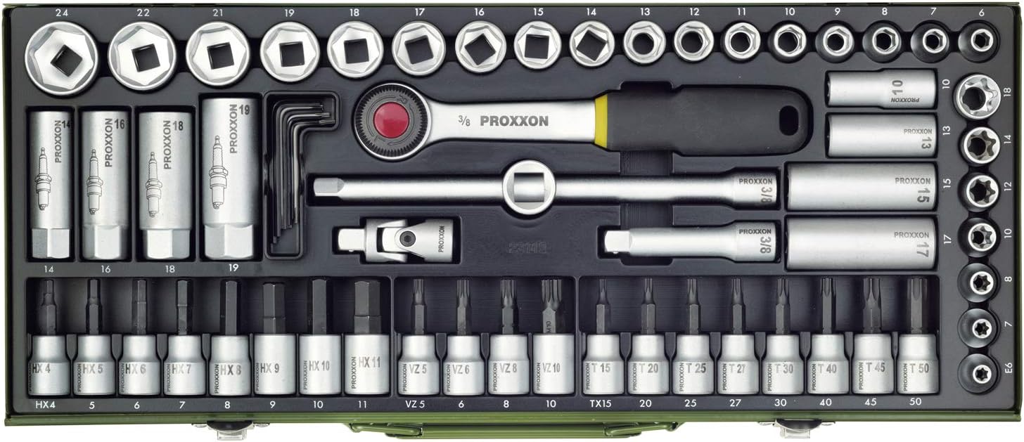 Proxxon 23112 Super Compact Socket Wrench Set including 10 mm (3/8 Inch) Reversible Ratchet 65-Piece Tool Set in Steel Box - Image 3