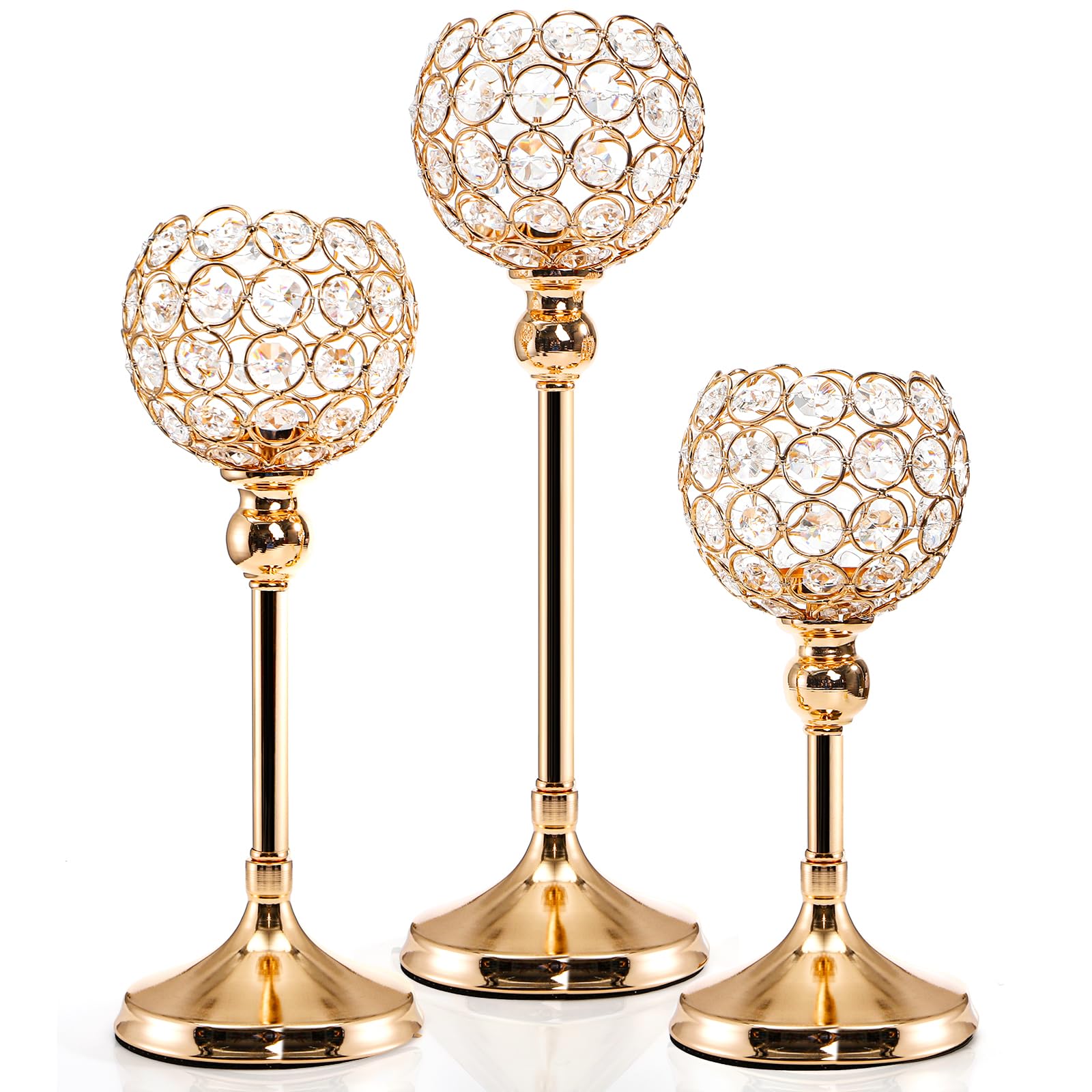 Photo 1 of ZEAYEA Set of 3 Crystal Candle Holders, Gold Candlesticks Holder for Pillar Candles and Tea Light, Candle Stand Table Centerpieces for Wedding Party Christmas Home Decor Housewarming Gift, 3 Size