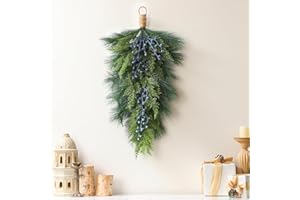 Giegxin 30" Christmas Artificial Juniper Swag Blueberries Teardrop Front Door Decoration Pine Cedar Real Touch Xmas Faux Evergreen Juniper Swag with Hanging Ring for Windows Wall Stair Outdoor Decor