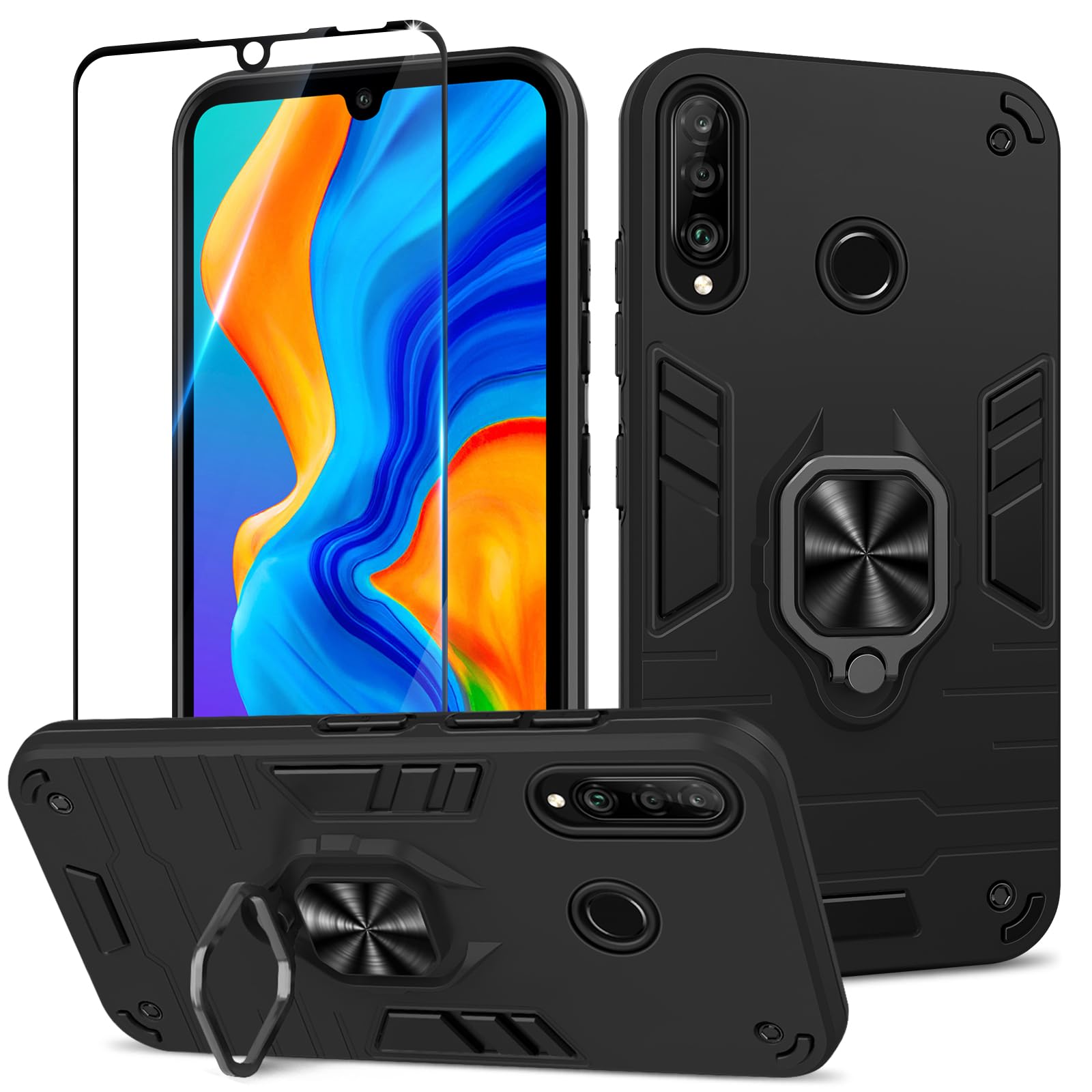 Btstring Case for Huawei P30 Lite/NOVA 4e and Screen Protector Tempered Glass, Shockproof Phone Case with Stand, Heavy Duty Personalised Case Cover Support Magnetic Car Holder, Black
