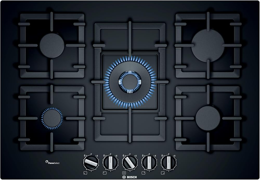 Bosch PPQ7A6B90 Series 6 Gas Hob 75 cm Tempered Glass FlameSelect Wok Burner