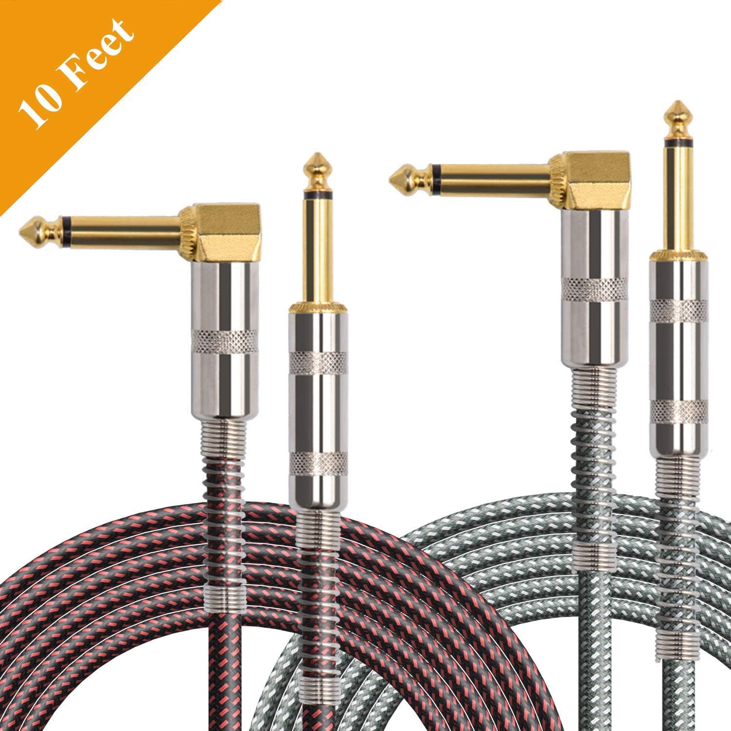 OTraki L Shaped Guitar Cable 6.35mm 1/4" 2 Pack Noiseless Instrument