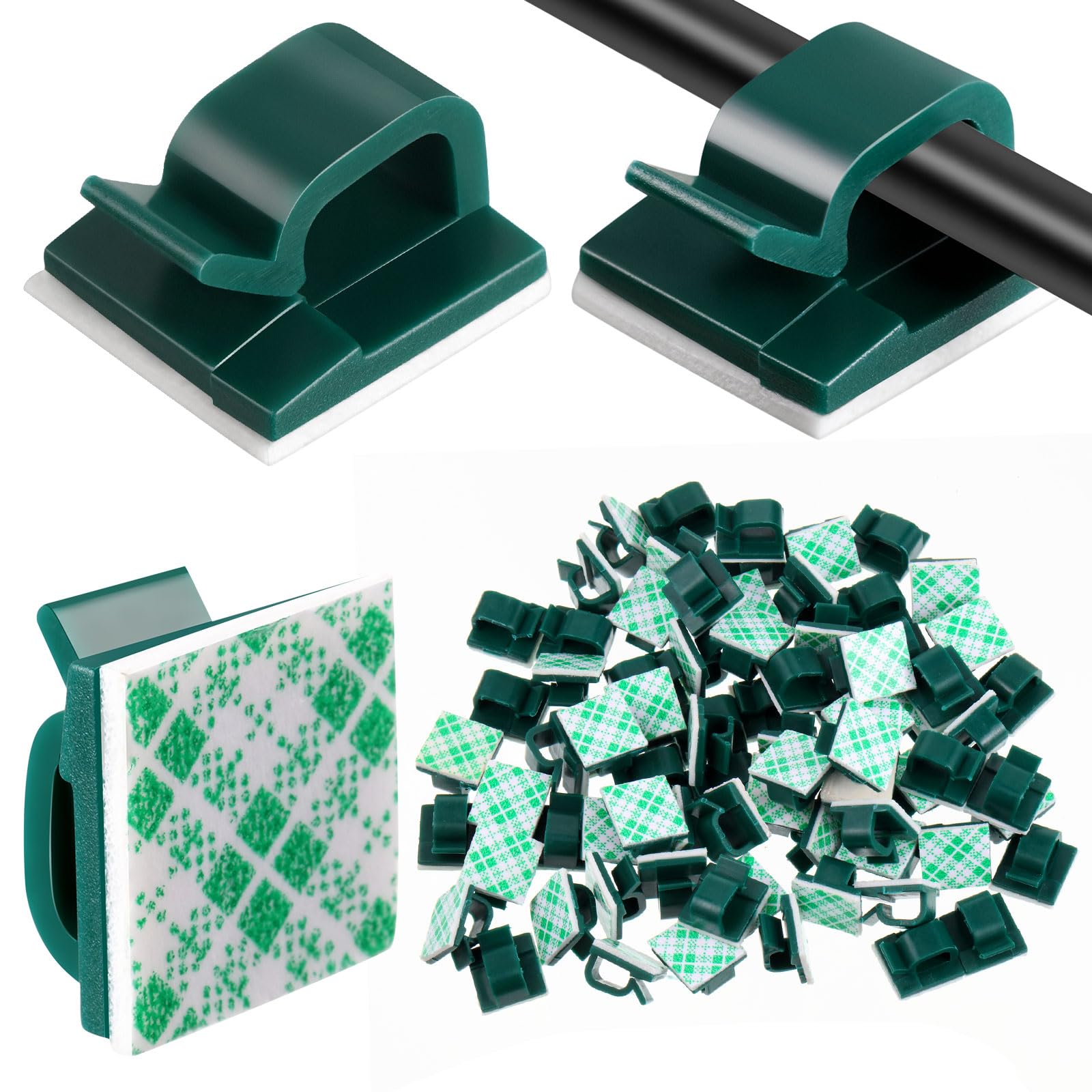 Blulu 100 Pieces Mini Outdoor Cable Clips with Adhesive Tapes Light Clips Decoration Clips Self Adhesive Hooks Wire Holder for Christmas and Fairy Light(Dark Green, Small)