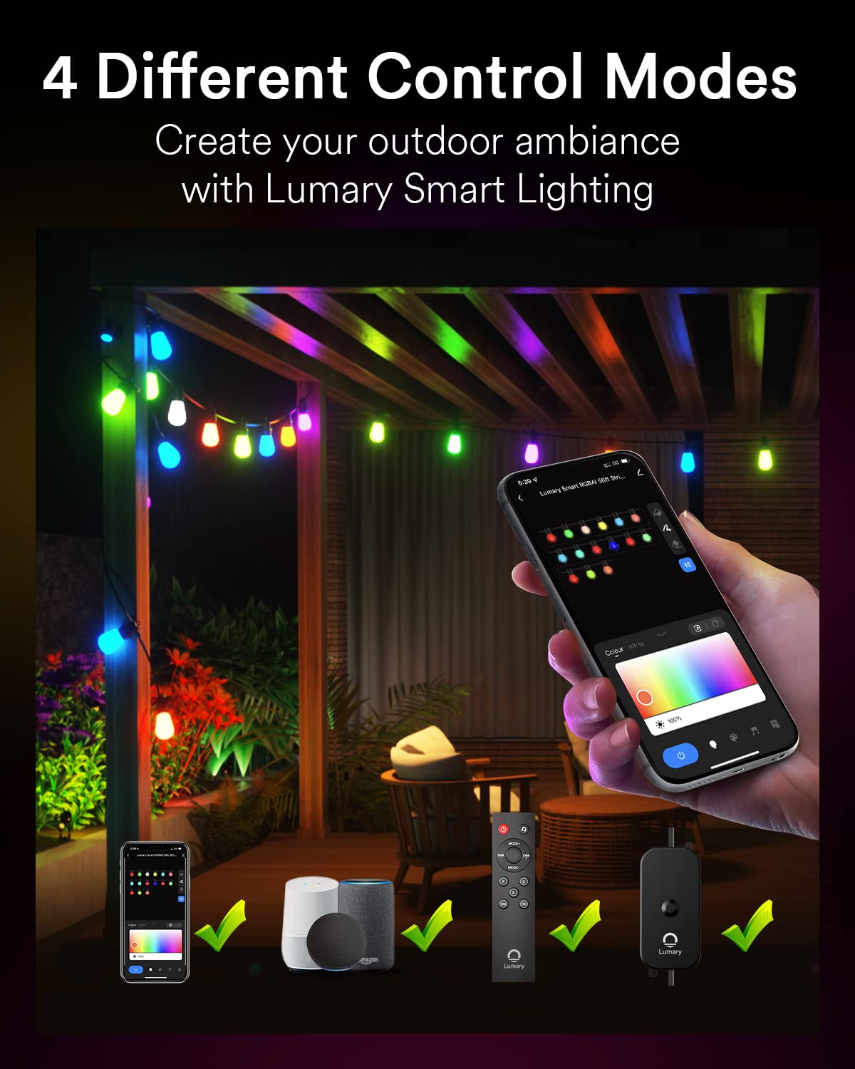 Lumary 100FT Smart Outdoor String Lights with Remote, RGBAi Color Changing Patio Lights, ​Permanent Outdoor Lights for Patio APP&Wi-Fi Control Work with Alexa, 30+2Bulbs, IP65 Waterproof,Shatterproof