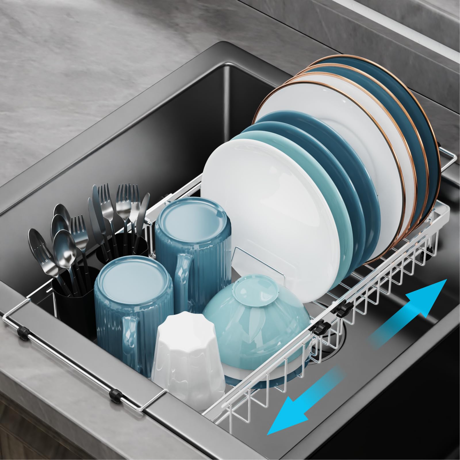 Photo 1 of GSlife Expandable in Sink Dish Drying Rack - Stainless Steel Capacity Adjustable Over The Sink Dish Rack (13.4''-20.4''), Dish Drainer for Kitchen Sink Counter with Utensil Holder, Silver