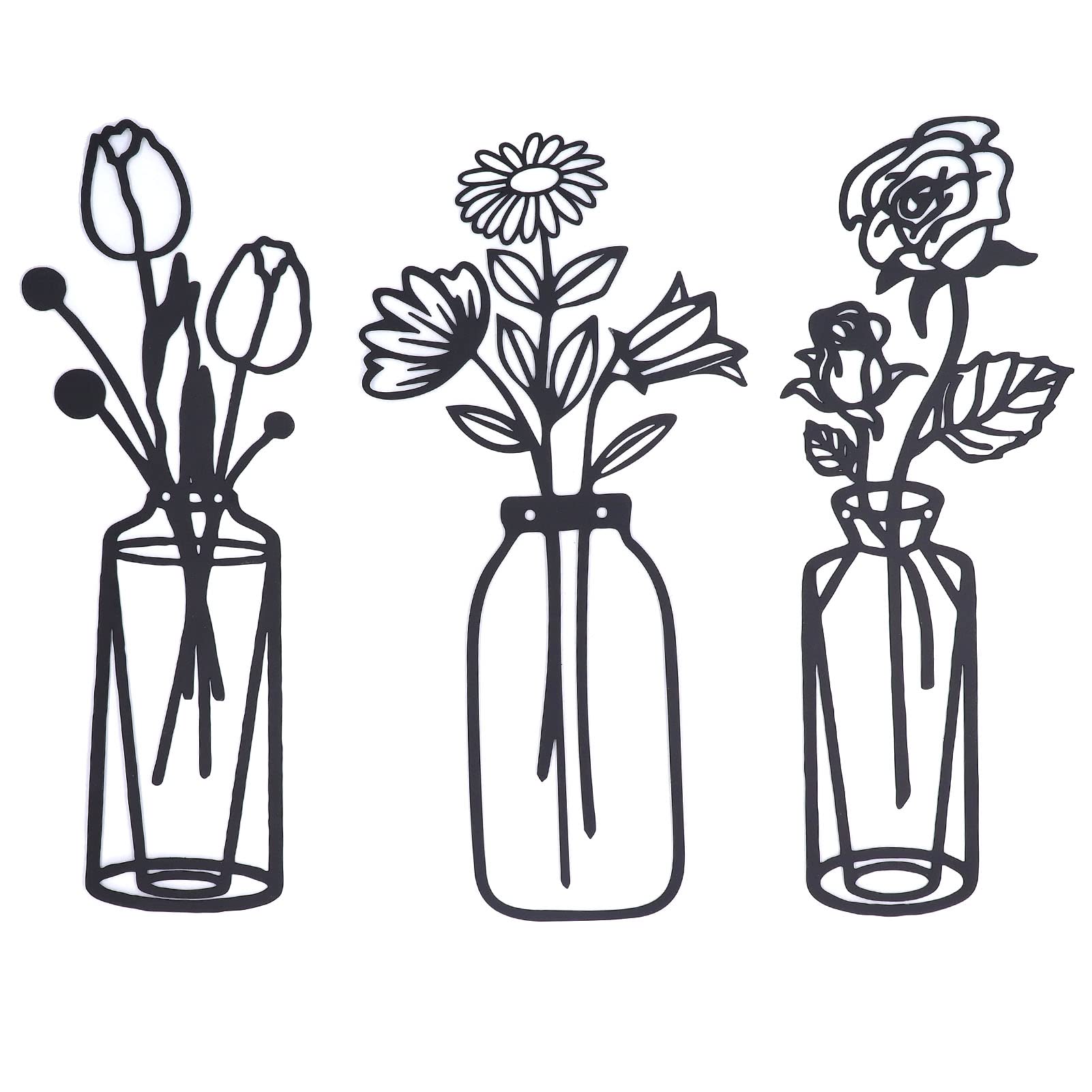 01 02 015 Metal Vase Flowers Wall Art, 3 Pieces Metal Flowers Wall Decor Prevent Rust 15in Modern Wall Art Spring Flowers with Hook for Bedroom Bathroom Kitchen Decor Lovers Housewarming Gift