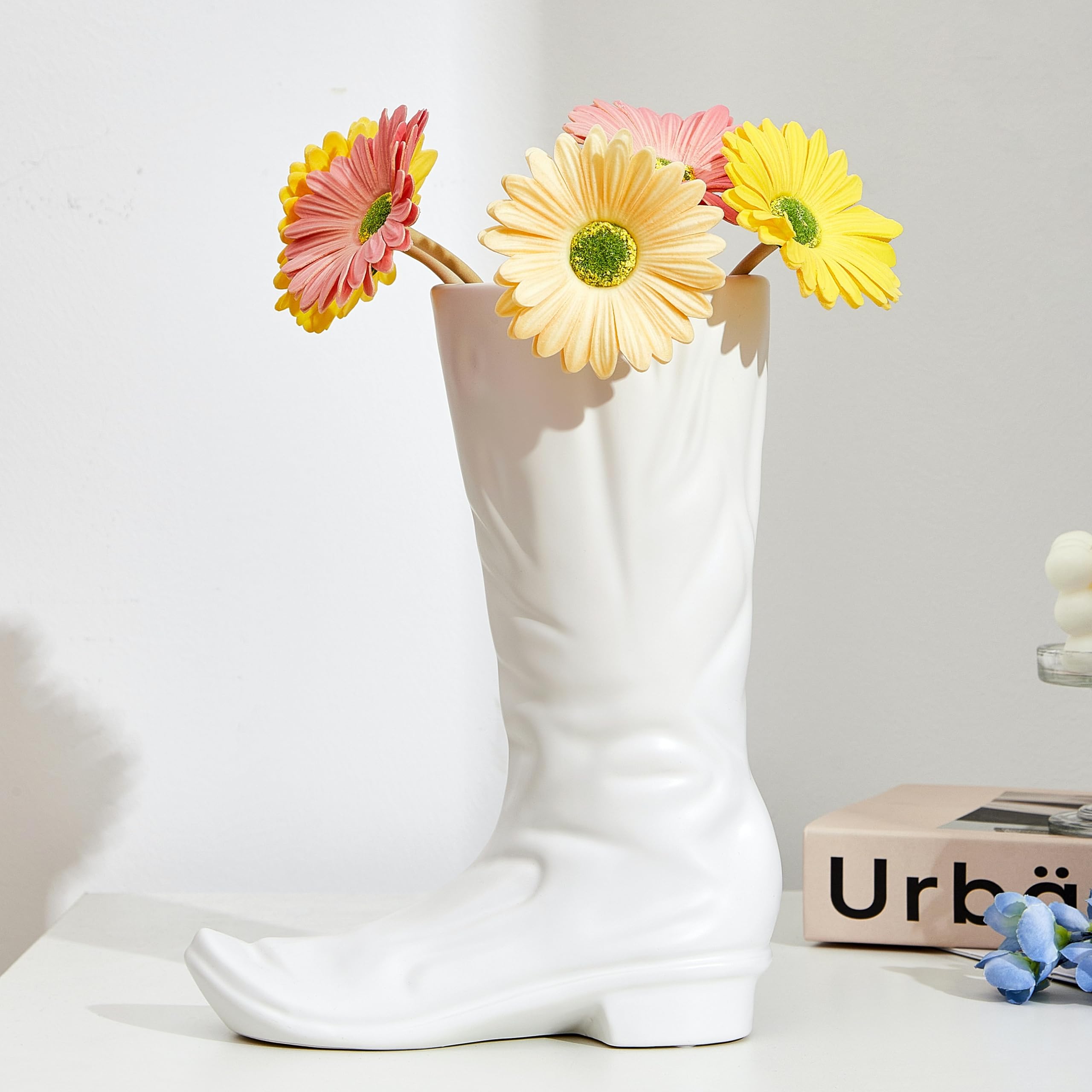 Photo 1 of Denique White Boots Flower Vases, Creative Cowboy Boot Vase, Ceramic Flower Arrangements, Unique Boot Vases Boot Planter Modern Aesthetic Room Wedding Decor