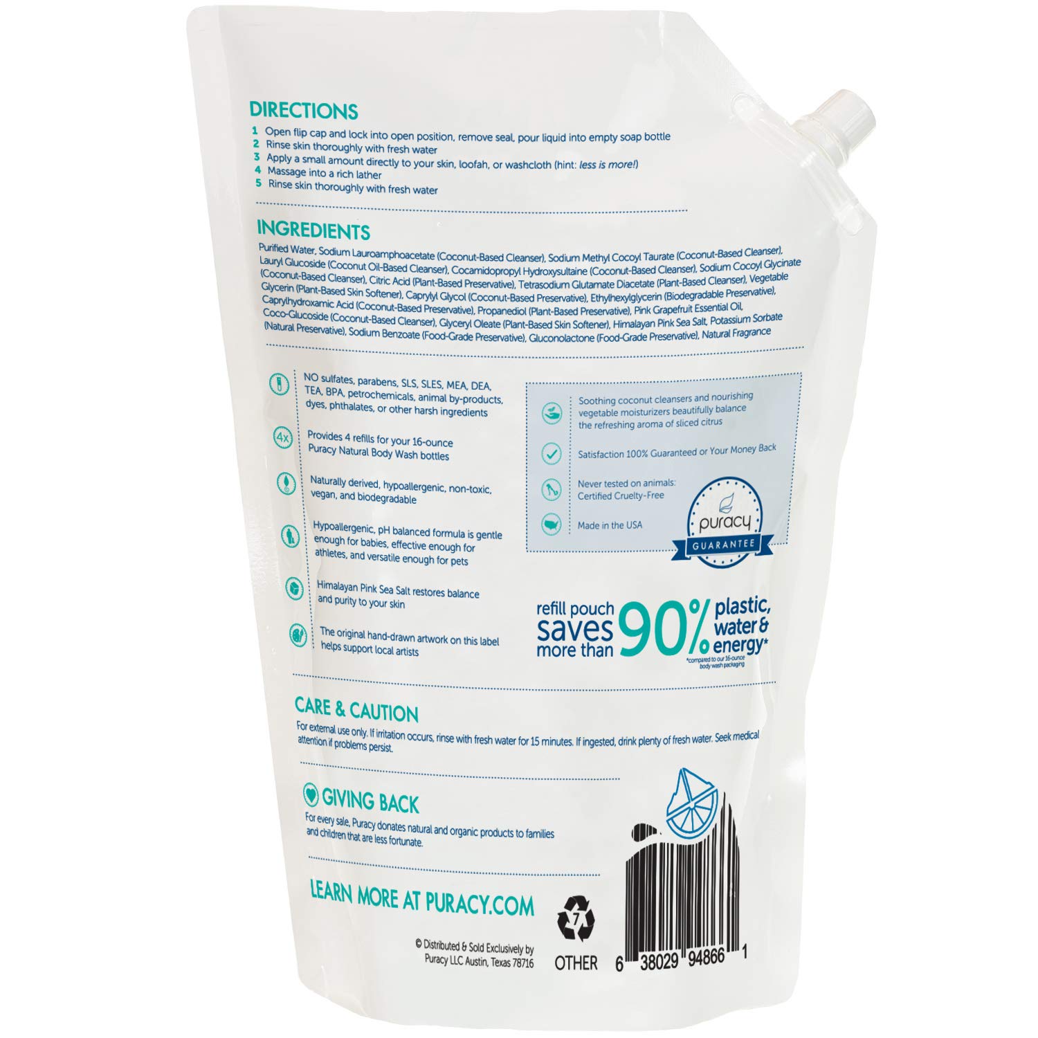 Puracy Natural Body Wash Refill, Citrus & Sea Salt, Bath & Shower Gel for Men and Women, 64 Ounce : Beauty