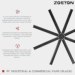 ZOEYON 96 Inch Industrial Ceiling Fan - Large