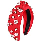 boderier Baseball Headband Hair Accessories Crystal Baseball Embellished Wide Knotted Headband for Women Game Day Accessories Gifts (Red)
