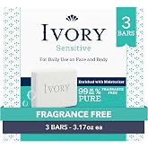 Ivory Sensitive Bar Soap, Designed for Whole Family, Fragrance Free, 99.44% Pure Formula, Plant-Based Cleanser, Made Without Heavy Perfume, Parabens &amp; Phthalates, For All Skin Types, 3.17 oz (3 Count)