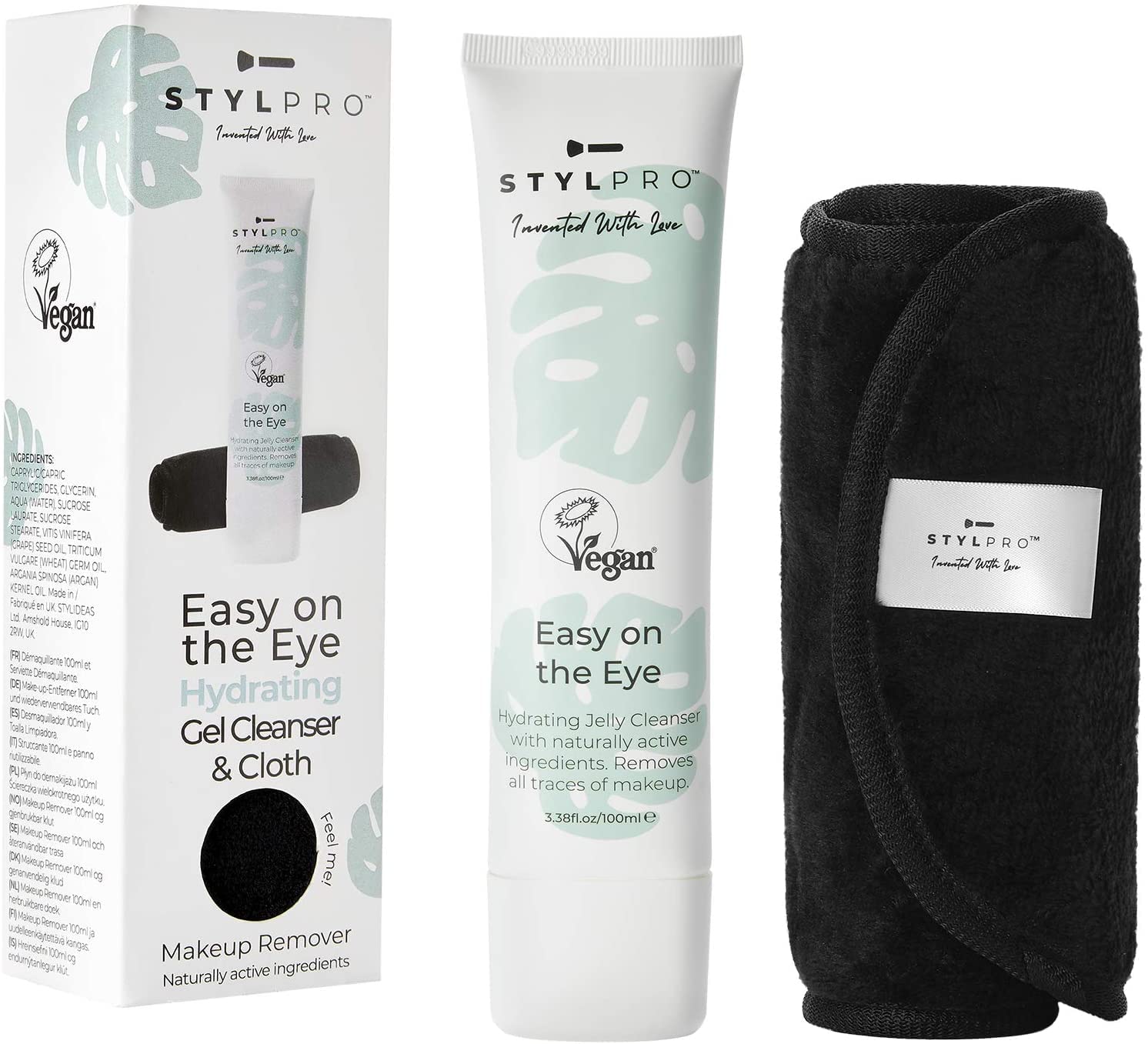 STYLPRO Makeup Remover Cleanser Gel (100ml) & Soft Microfibre Face Cloth, Removes all Makeup - Even Waterproof Mascara, Vegan, Sustainable, Reusable, Machine Washable Cloth, Gentle Eye Makeup Remover
