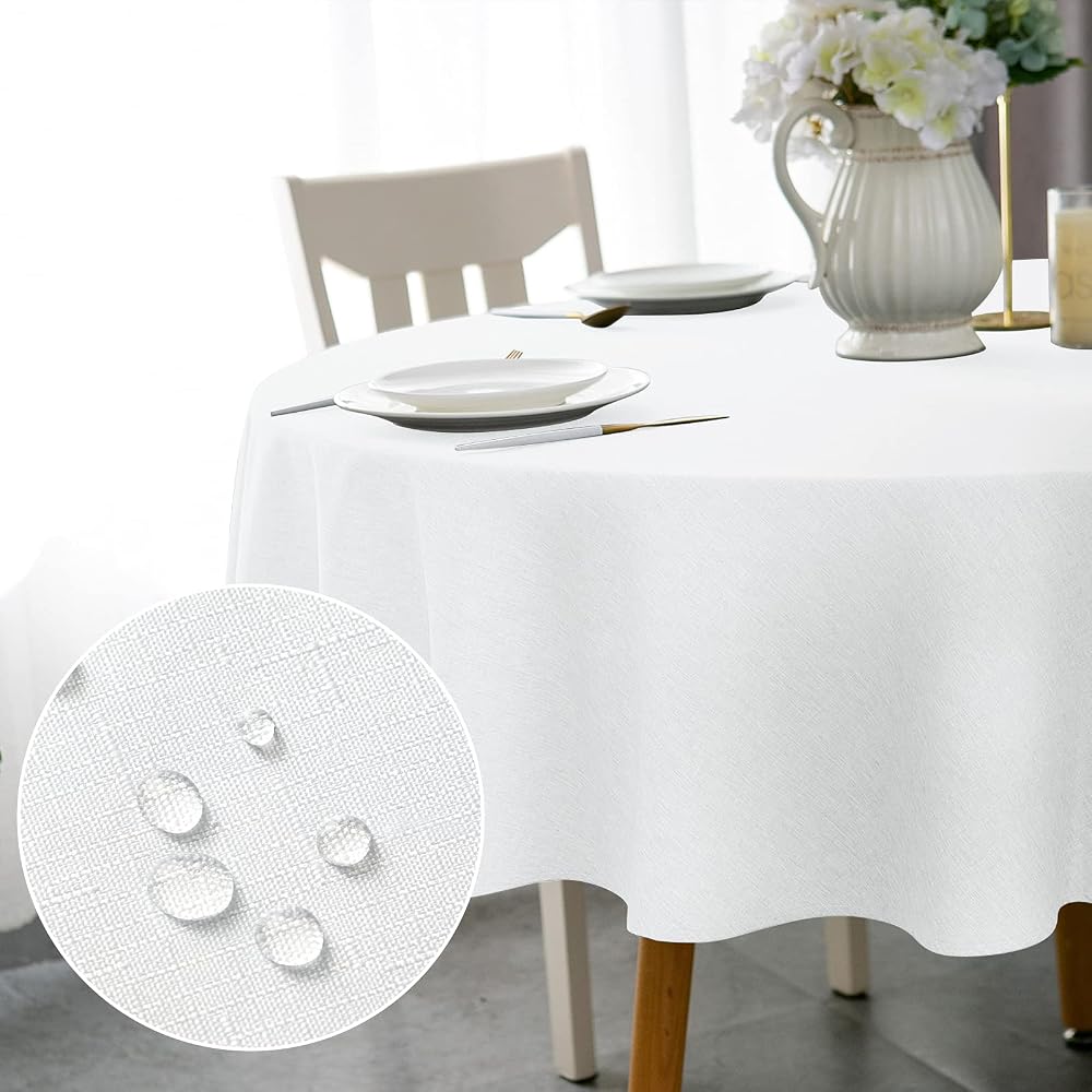 WELTRXE Round Table Cloth 150cm White Faux Linen Water-Resistant 180GSM