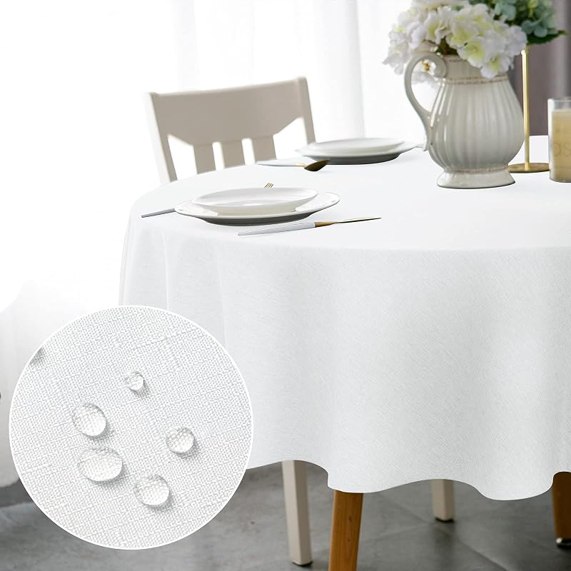 WELTRXE Round Table Cloth 150cm White Faux Linen Water-Resistant 180GSM