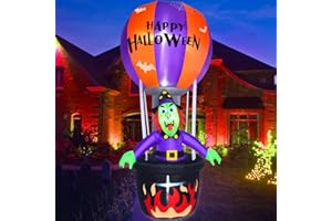 Rocinha Happy Halloween Inflatable Witch Riding in a Hot Air Balloons, 7 ft Funny Halloween Blow up Witch Cauldron Decor - Outdoor Halloween Decorations for Lawn, Front Yard