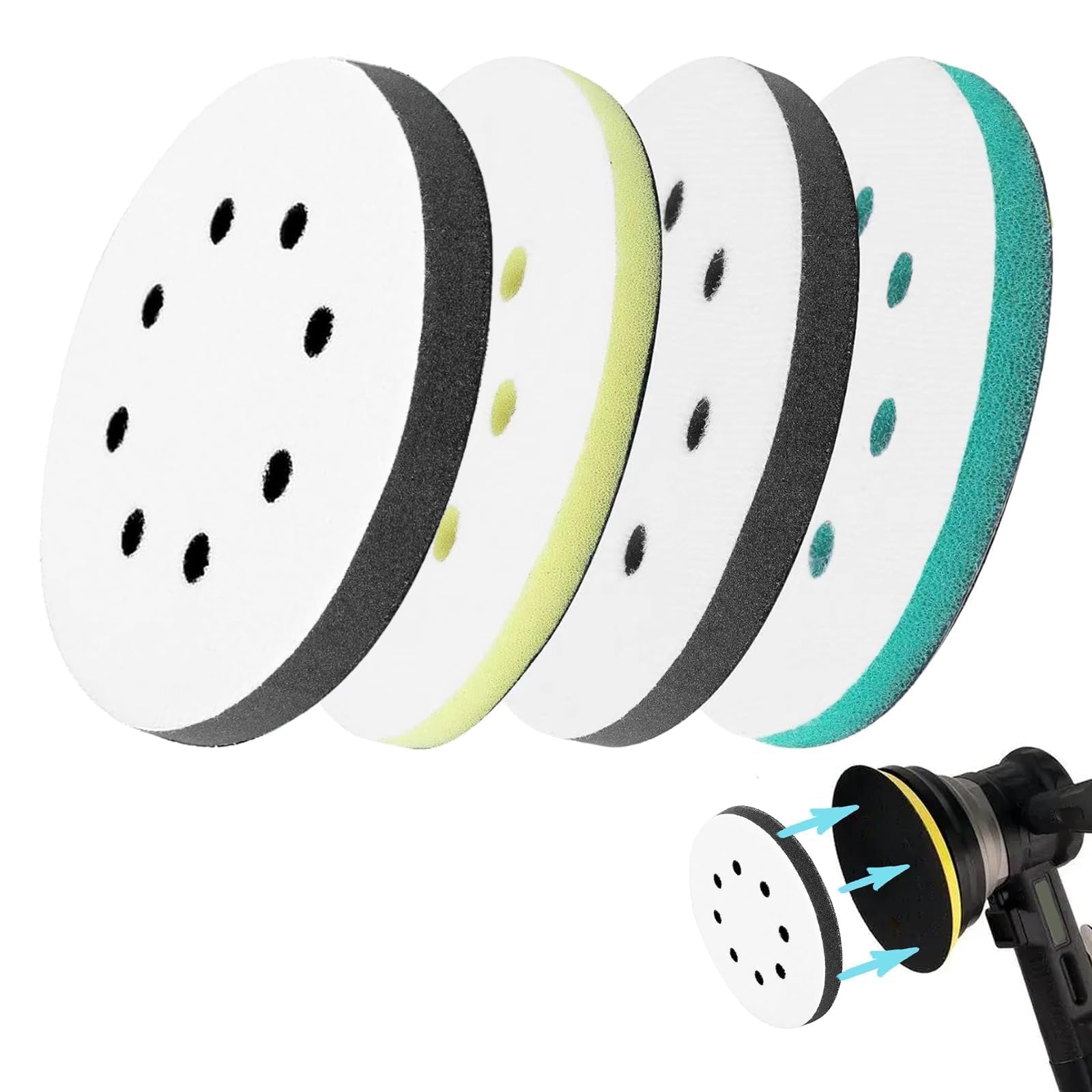 Aiyraa 4 PCS 125mm Orbital Sander Pads, Density Foam Interface Pad for Sanders, Soft & Hard Polishing Buffing Pad Discs for Drill, 5 Inch 8 Holes Hook and Loop Soft Sponge Buffer Backing Pads
