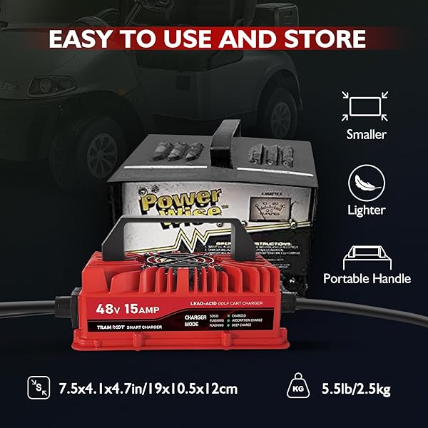 TRAMROOT 15 AMP GOLF CART CHARGER FOR 48 VOLT CLUB CAR DS & PRECEDENT LEAD ACID BATTERY WITH UPGRADED 3-PIN ROUND PLUG