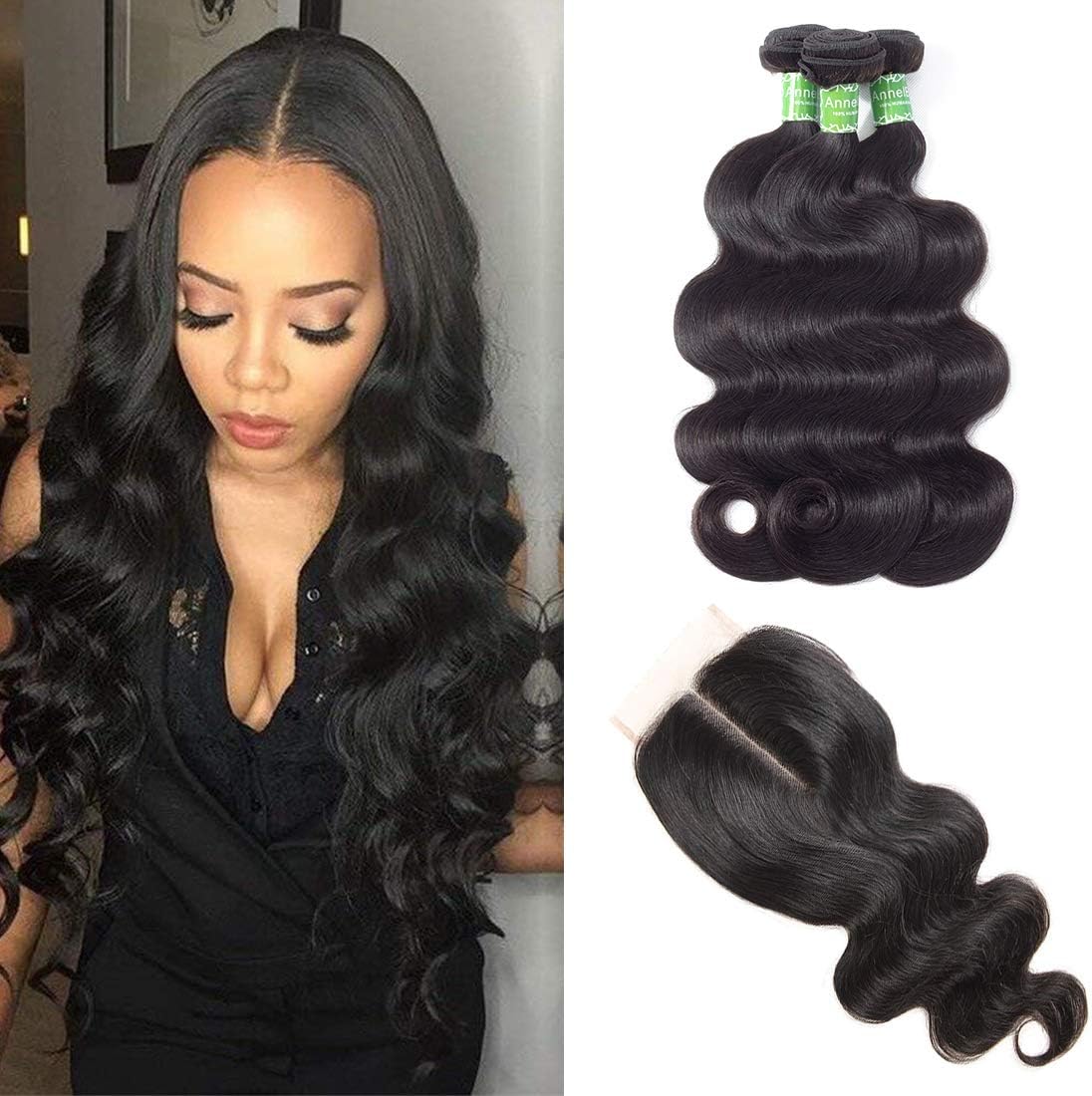 ANNELBELBrazilian Virgin Hair Bundles with Closure Body Wave Human Hair Bundles with Lace Closure 100% Unprocessed Brazilian Virgin Hair Body Wave Bundles 10 12 14 with 10 Middle Part Closure