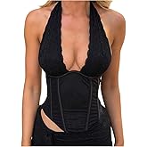 Milumia Women's Sexy Deep V Neck Halter Crop Top Lace Trim Tie Back Corset Tank Tops Partywear