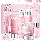 Collagen Sakura Skincare Gift Set, Cherry Blossom Skin Care Set for Teen Girls & Women, Moisturizing & Revitalizing Skin, 6Pcs Collagen Skin Care Routine Kits for Face, Korean Daily Skin Care