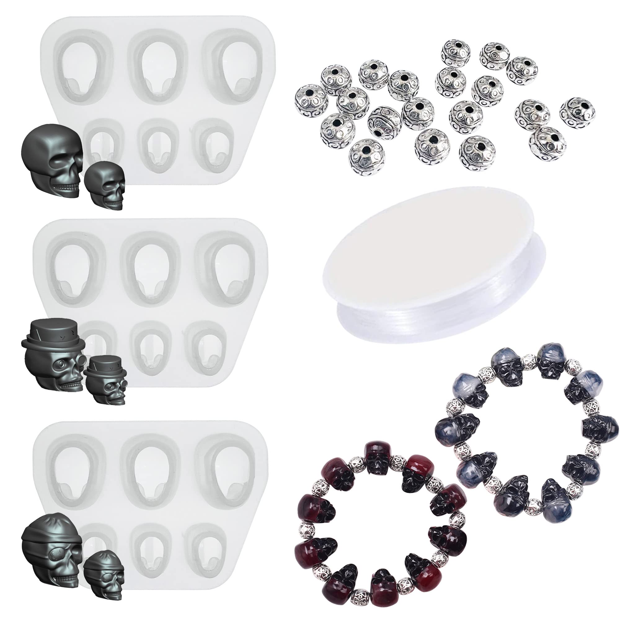 NA Yayatty Silicone Mould for Bead Jewellery, Resin Casting Mould Set, 3 Resin Skull Silicone Moulds with Cord, Accessories for Bracelet, Cabochon Gemstone Jewellery Casting